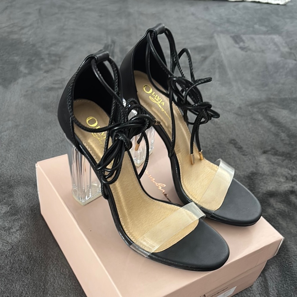 Elegant Black Lace-Up‎ Heels with Clear Block Heel
